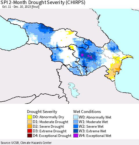 Azerbaijan, Armenia and Georgia SPI 2-Month Drought Severity (CHIRPS) Thematic Map For 10/11/2023 - 12/10/2023