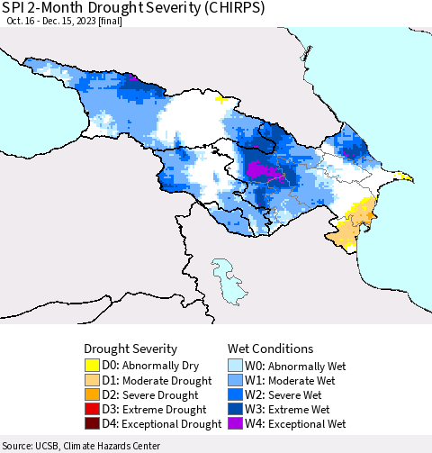 Azerbaijan, Armenia and Georgia SPI 2-Month Drought Severity (CHIRPS) Thematic Map For 10/16/2023 - 12/15/2023