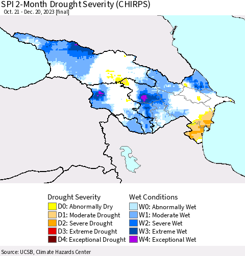 Azerbaijan, Armenia and Georgia SPI 2-Month Drought Severity (CHIRPS) Thematic Map For 10/21/2023 - 12/20/2023