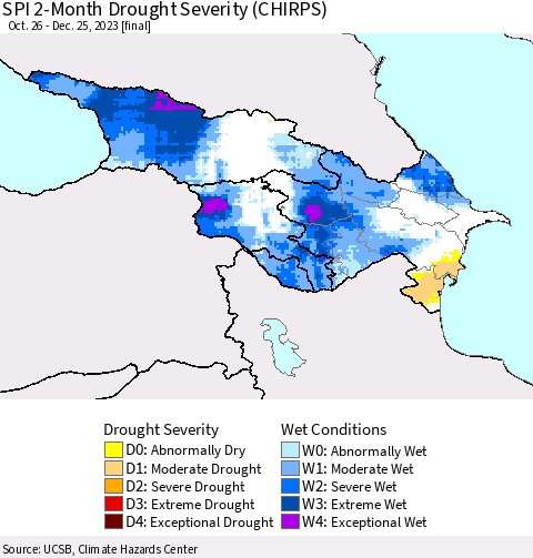 Azerbaijan, Armenia and Georgia SPI 2-Month Drought Severity (CHIRPS) Thematic Map For 10/26/2023 - 12/25/2023