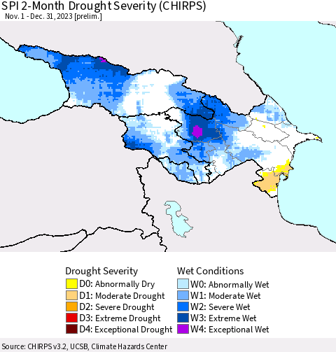 Azerbaijan, Armenia and Georgia SPI 2-Month Drought Severity (CHIRPS) Thematic Map For 11/1/2023 - 12/31/2023