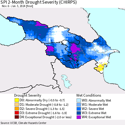 Azerbaijan, Armenia and Georgia SPI 2-Month Drought Severity (CHIRPS) Thematic Map For 11/6/2023 - 1/5/2024