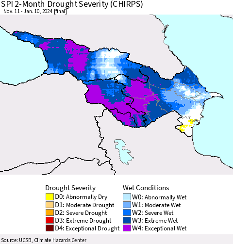 Azerbaijan, Armenia and Georgia SPI 2-Month Drought Severity (CHIRPS) Thematic Map For 11/11/2023 - 1/10/2024