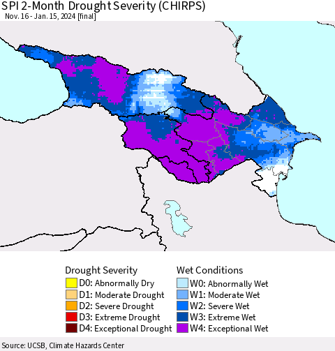 Azerbaijan, Armenia and Georgia SPI 2-Month Drought Severity (CHIRPS) Thematic Map For 11/16/2023 - 1/15/2024