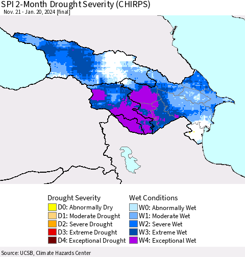 Azerbaijan, Armenia and Georgia SPI 2-Month Drought Severity (CHIRPS) Thematic Map For 11/21/2023 - 1/20/2024