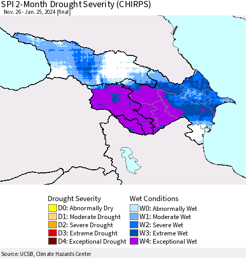 Azerbaijan, Armenia and Georgia SPI 2-Month Drought Severity (CHIRPS) Thematic Map For 11/26/2023 - 1/25/2024