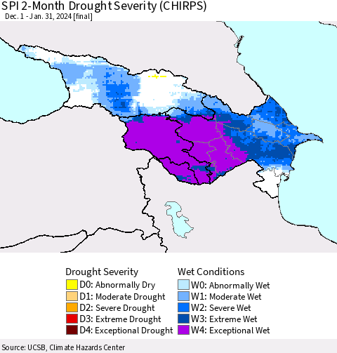Azerbaijan, Armenia and Georgia SPI 2-Month Drought Severity (CHIRPS) Thematic Map For 12/1/2023 - 1/31/2024