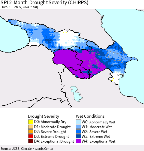 Azerbaijan, Armenia and Georgia SPI 2-Month Drought Severity (CHIRPS) Thematic Map For 12/6/2023 - 2/5/2024