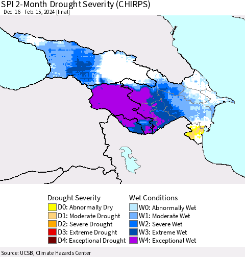 Azerbaijan, Armenia and Georgia SPI 2-Month Drought Severity (CHIRPS) Thematic Map For 12/16/2023 - 2/15/2024