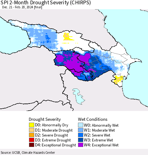 Azerbaijan, Armenia and Georgia SPI 2-Month Drought Severity (CHIRPS) Thematic Map For 12/21/2023 - 2/20/2024