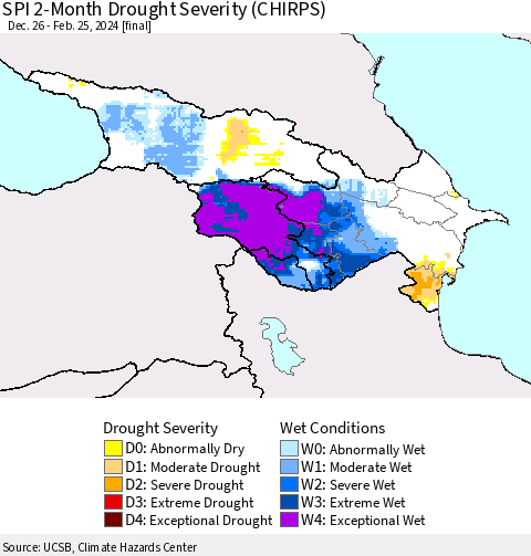 Azerbaijan, Armenia and Georgia SPI 2-Month Drought Severity (CHIRPS) Thematic Map For 12/26/2023 - 2/25/2024