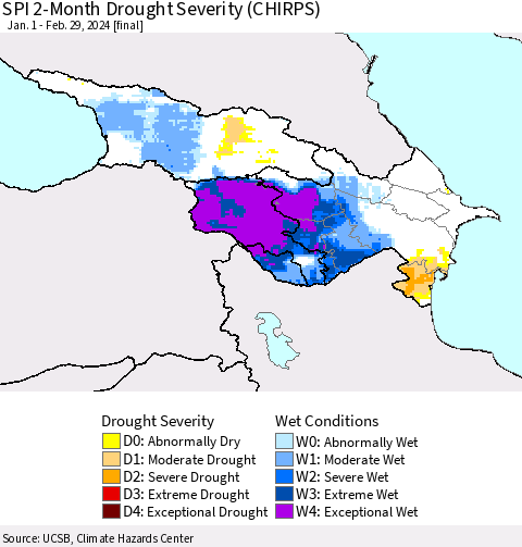 Azerbaijan, Armenia and Georgia SPI 2-Month Drought Severity (CHIRPS) Thematic Map For 1/1/2024 - 2/29/2024