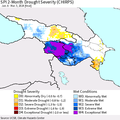 Azerbaijan, Armenia and Georgia SPI 2-Month Drought Severity (CHIRPS) Thematic Map For 1/6/2024 - 3/5/2024