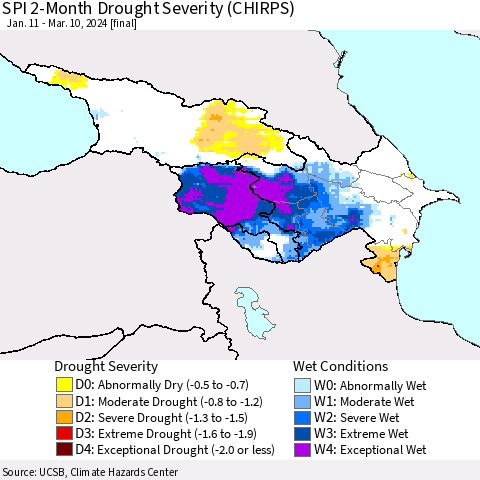 Azerbaijan, Armenia and Georgia SPI 2-Month Drought Severity (CHIRPS) Thematic Map For 1/11/2024 - 3/10/2024