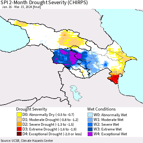 Azerbaijan, Armenia and Georgia SPI 2-Month Drought Severity (CHIRPS) Thematic Map For 1/16/2024 - 3/15/2024