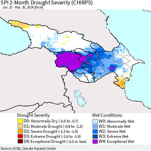 Azerbaijan, Armenia and Georgia SPI 2-Month Drought Severity (CHIRPS) Thematic Map For 1/21/2024 - 3/20/2024