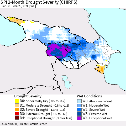 Azerbaijan, Armenia and Georgia SPI 2-Month Drought Severity (CHIRPS) Thematic Map For 1/26/2024 - 3/25/2024