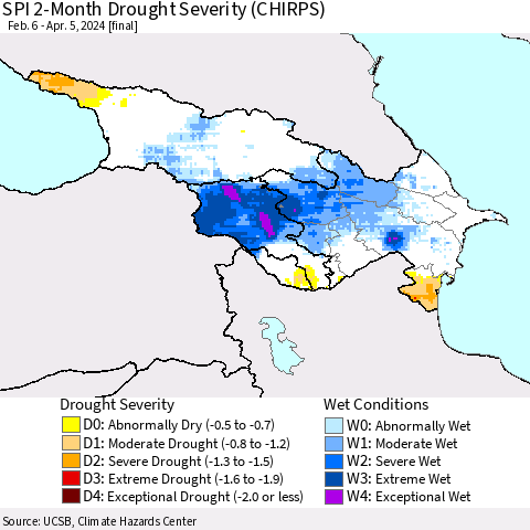 Azerbaijan, Armenia and Georgia SPI 2-Month Drought Severity (CHIRPS) Thematic Map For 2/6/2024 - 4/5/2024