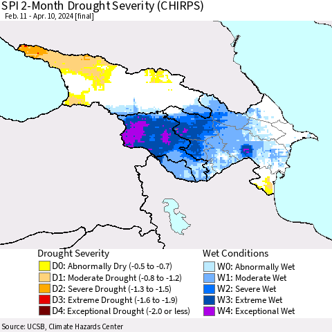 Azerbaijan, Armenia and Georgia SPI 2-Month Drought Severity (CHIRPS) Thematic Map For 2/11/2024 - 4/10/2024