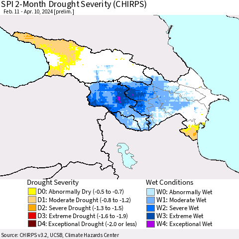 Azerbaijan, Armenia and Georgia SPI 2-Month Drought Severity (CHIRPS) Thematic Map For 2/11/2024 - 4/10/2024