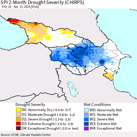Azerbaijan, Armenia and Georgia SPI 2-Month Drought Severity (CHIRPS) Thematic Map For 2/16/2024 - 4/15/2024