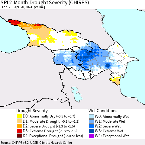 Azerbaijan, Armenia and Georgia SPI 2-Month Drought Severity (CHIRPS) Thematic Map For 2/21/2024 - 4/20/2024