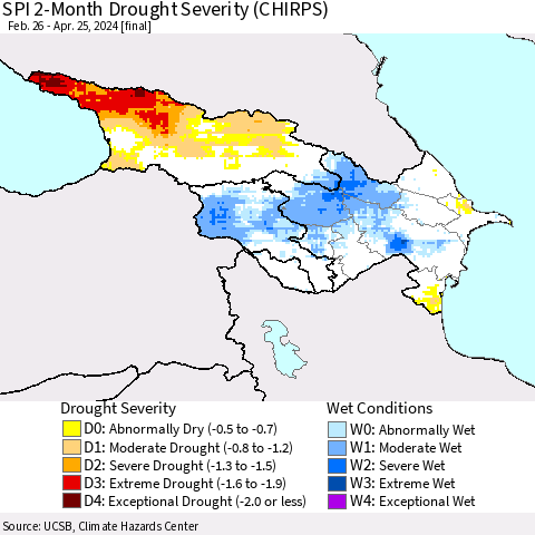 Azerbaijan, Armenia and Georgia SPI 2-Month Drought Severity (CHIRPS) Thematic Map For 2/26/2024 - 4/25/2024