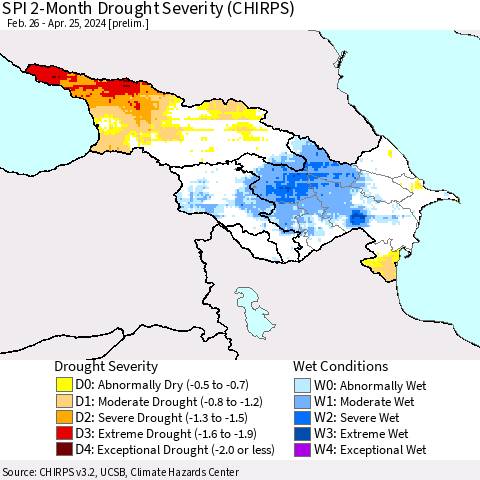 Azerbaijan, Armenia and Georgia SPI 2-Month Drought Severity (CHIRPS) Thematic Map For 2/26/2024 - 4/25/2024