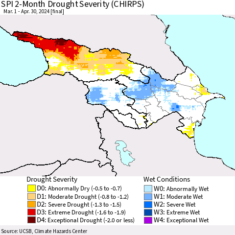 Azerbaijan, Armenia and Georgia SPI 2-Month Drought Severity (CHIRPS) Thematic Map For 3/1/2024 - 4/30/2024