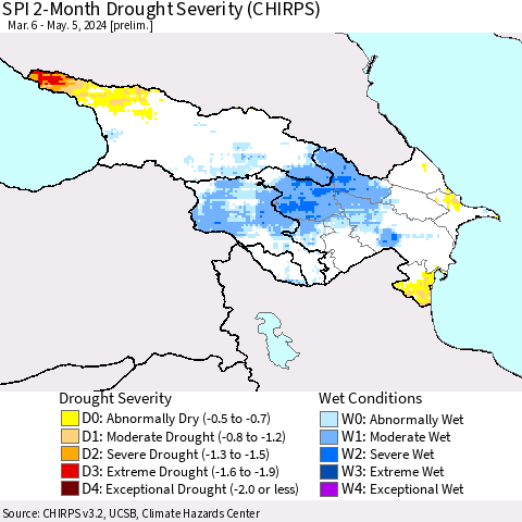 Azerbaijan, Armenia and Georgia SPI 2-Month Drought Severity (CHIRPS) Thematic Map For 3/6/2024 - 5/5/2024