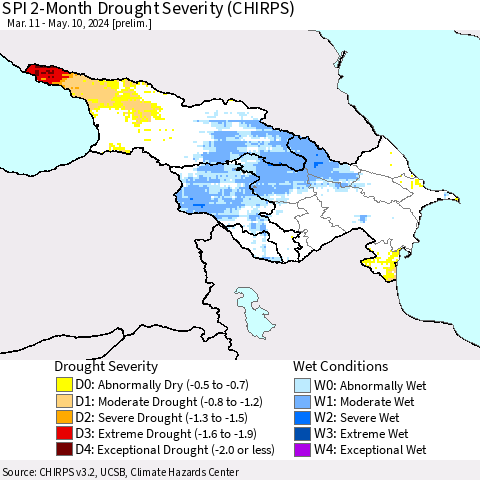 Azerbaijan, Armenia and Georgia SPI 2-Month Drought Severity (CHIRPS) Thematic Map For 3/11/2024 - 5/10/2024