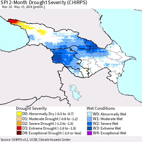 Azerbaijan, Armenia and Georgia SPI 2-Month Drought Severity (CHIRPS) Thematic Map For 3/16/2024 - 5/15/2024