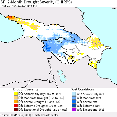 Azerbaijan, Armenia and Georgia SPI 2-Month Drought Severity (CHIRPS) Thematic Map For 3/21/2024 - 5/20/2024