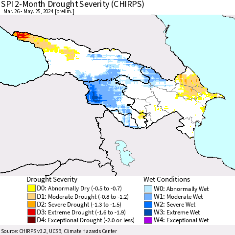 Azerbaijan, Armenia and Georgia SPI 2-Month Drought Severity (CHIRPS) Thematic Map For 3/26/2024 - 5/25/2024