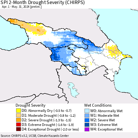 Azerbaijan, Armenia and Georgia SPI 2-Month Drought Severity (CHIRPS) Thematic Map For 4/1/2024 - 5/31/2024
