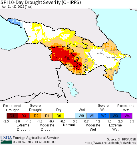 Azerbaijan, Armenia and Georgia SPI 10-Day Drought Severity (CHIRPS) Thematic Map For 4/11/2022 - 4/20/2022