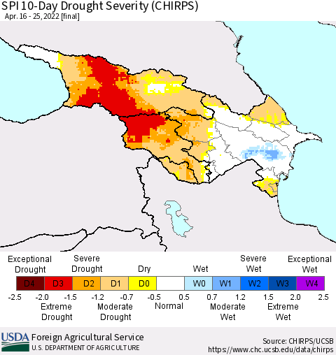 Azerbaijan, Armenia and Georgia SPI 10-Day Drought Severity (CHIRPS) Thematic Map For 4/16/2022 - 4/25/2022