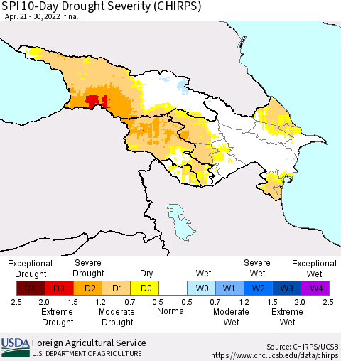 Azerbaijan, Armenia and Georgia SPI 10-Day Drought Severity (CHIRPS) Thematic Map For 4/21/2022 - 4/30/2022