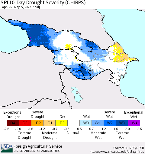 Azerbaijan, Armenia and Georgia SPI 10-Day Drought Severity (CHIRPS) Thematic Map For 4/26/2022 - 5/5/2022