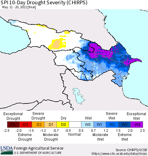 Azerbaijan, Armenia and Georgia SPI 10-Day Drought Severity (CHIRPS) Thematic Map For 5/11/2022 - 5/20/2022