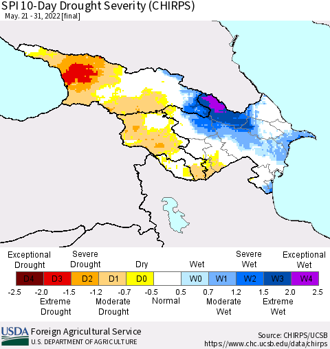 Azerbaijan, Armenia and Georgia SPI 10-Day Drought Severity (CHIRPS) Thematic Map For 5/21/2022 - 5/31/2022
