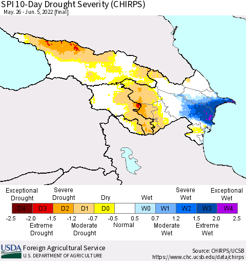 Azerbaijan, Armenia and Georgia SPI 10-Day Drought Severity (CHIRPS) Thematic Map For 5/26/2022 - 6/5/2022