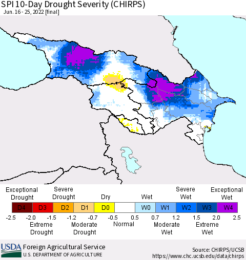 Azerbaijan, Armenia and Georgia SPI 10-Day Drought Severity (CHIRPS) Thematic Map For 6/16/2022 - 6/25/2022