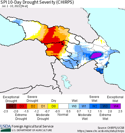 Azerbaijan, Armenia and Georgia SPI 10-Day Drought Severity (CHIRPS) Thematic Map For 7/1/2022 - 7/10/2022