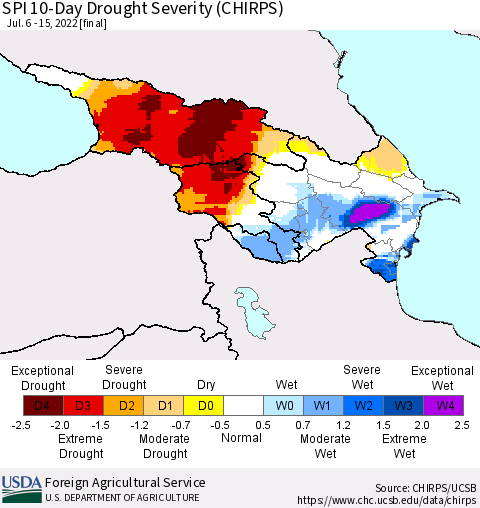 Azerbaijan, Armenia and Georgia SPI 10-Day Drought Severity (CHIRPS) Thematic Map For 7/6/2022 - 7/15/2022