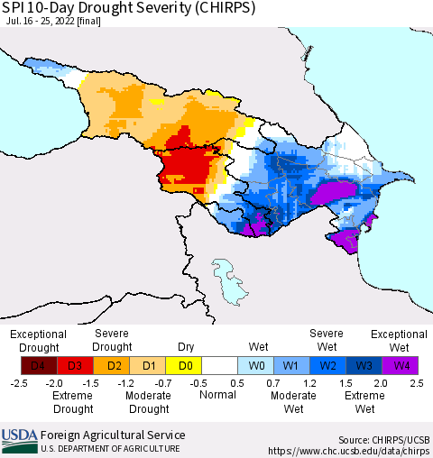 Azerbaijan, Armenia and Georgia SPI 10-Day Drought Severity (CHIRPS) Thematic Map For 7/16/2022 - 7/25/2022