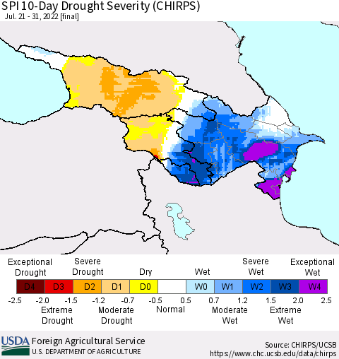 Azerbaijan, Armenia and Georgia SPI 10-Day Drought Severity (CHIRPS) Thematic Map For 7/21/2022 - 7/31/2022