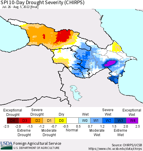 Azerbaijan, Armenia and Georgia SPI 10-Day Drought Severity (CHIRPS) Thematic Map For 7/26/2022 - 8/5/2022