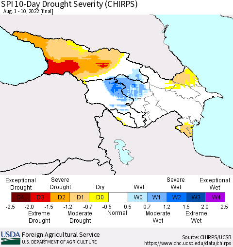 Azerbaijan, Armenia and Georgia SPI 10-Day Drought Severity (CHIRPS) Thematic Map For 8/1/2022 - 8/10/2022