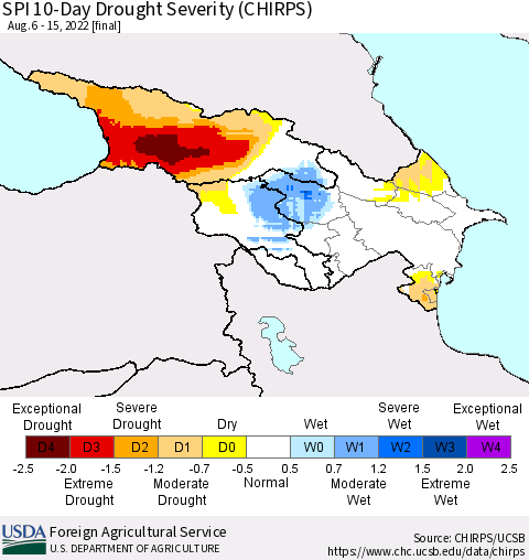 Azerbaijan, Armenia and Georgia SPI 10-Day Drought Severity (CHIRPS) Thematic Map For 8/6/2022 - 8/15/2022